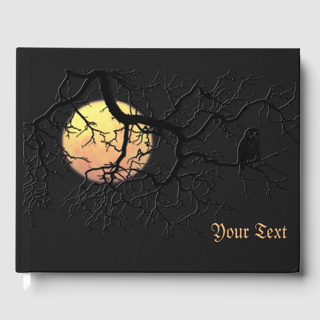 Owl In Tree Silhouette With Full Moon Guest Book (Front)