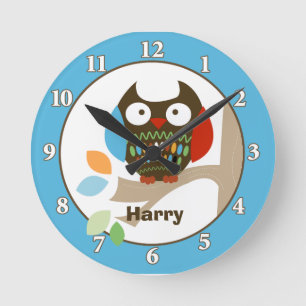Owl in Tree Tops Personalized Wall Clock - Blue