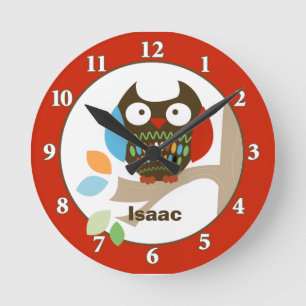 Owl in Tree Tops Personalized Wall Clock - Red