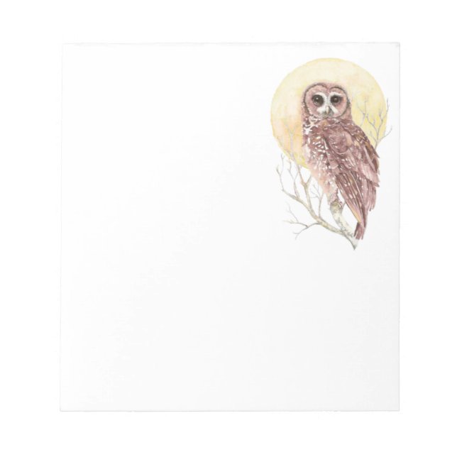 Owl in Tree with Moon Watercolor Bird, Animal Notepad (Front)