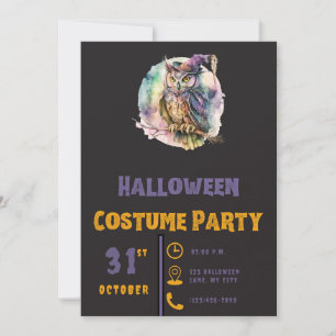 Owl in Witch's Hat Pastel Modern Black Halloween Invitation