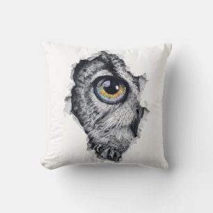 Owl Ink Portrait with Vibrant Rainbow Eye Throw Pillow