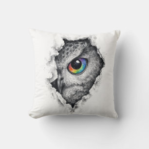 Owl Ink Portrait with Vibrant Rainbow Eye Throw Pillow