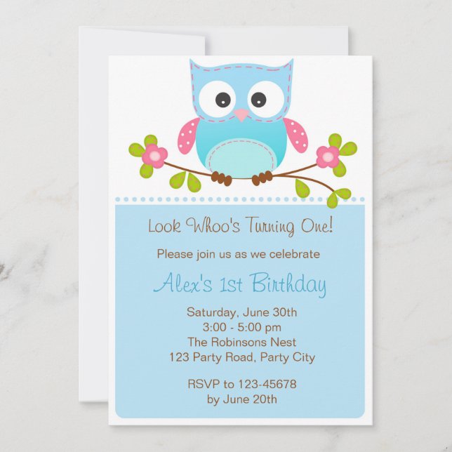 Owl Invitation - Boy 1st Birthday / Baby Shower (Front)