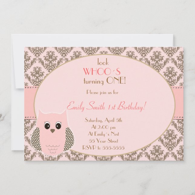 Owl Invitation Girl Birthday Party Pink Gold (Front)