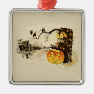Owl Jack O' Lantern Pumpkin Tree Metal Ornament
