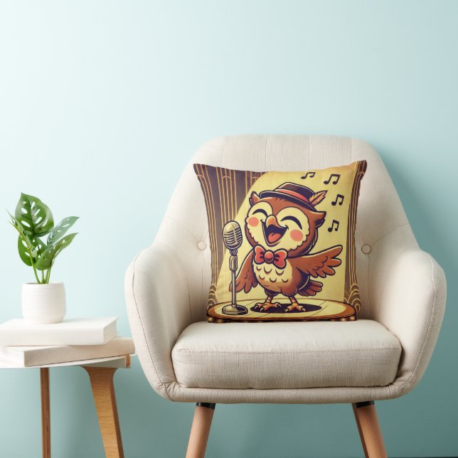 Owl Jolson – Vintage Jazz Singing Owl  Throw Pillow (Chair)
