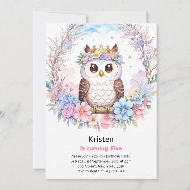 Owl Kids Girl Birthday Invitation (Front)