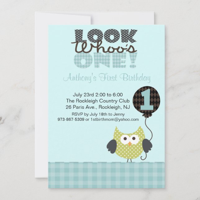 Owl Look Who's One Birthday Invitation (Devant)