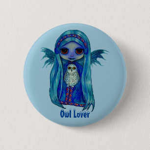 Owl Lover Fairy with Snowy Owl Winter Big Eyes 2 Inch Round Button