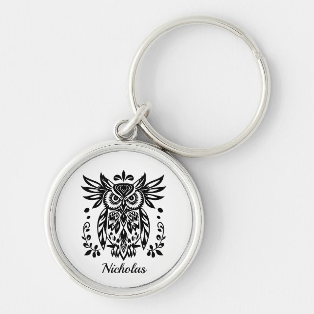 Owl Lovers Rustic Woodlands Black White Bohemian  Keychain (Front)