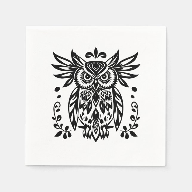 Owl Lovers Rustic Woodlands Black White Bohemian  Napkin (Front)