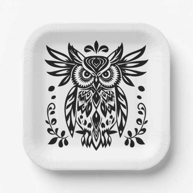 Owl Lovers Rustic Woodlands Black White Bohemian  Paper Plate (Front)