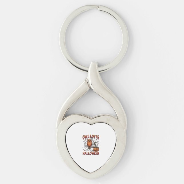Owl Loves Halloween Orange Spider Web Pumpkin_1 Keychain (Front)
