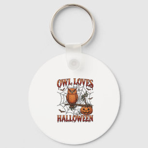 Owl Loves Halloween Orange Spider Web Pumpkin_1 Keychain