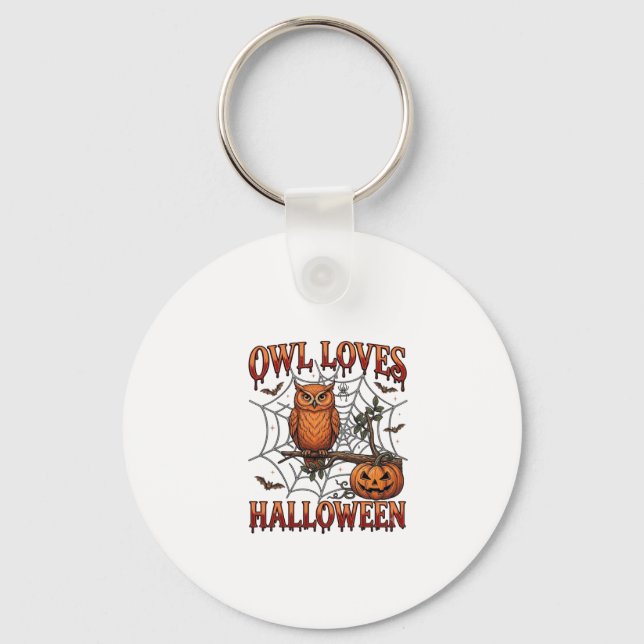 Owl Loves Halloween Orange Spider Web Pumpkin_1 Keychain (Front)