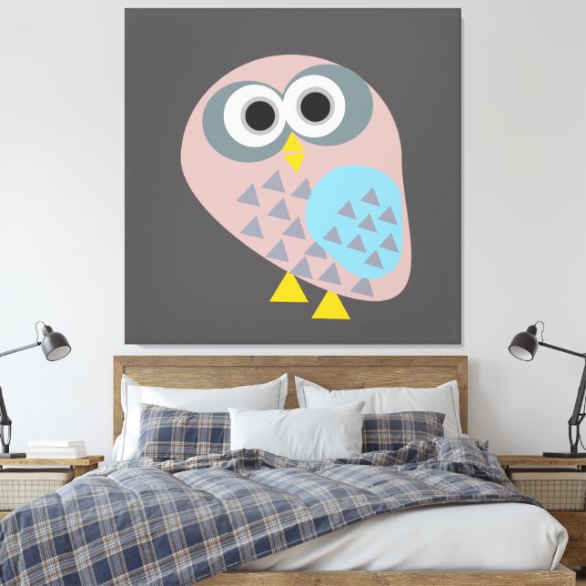 Owl mauve grey blue canvas print (Insitu(Bedroom))