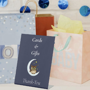 Owl Moon Blue Cute Stars Baby Shower Pedestal Sign
