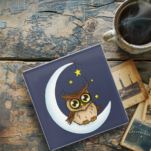 Owl Moon Blue Cute Stars Glass Coaster