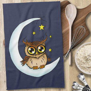 Owl Moon Blue Cute Stars Kitchen Towel