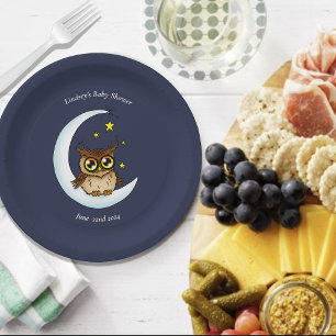 Owl moon Blue Cute Stars Paper Plate