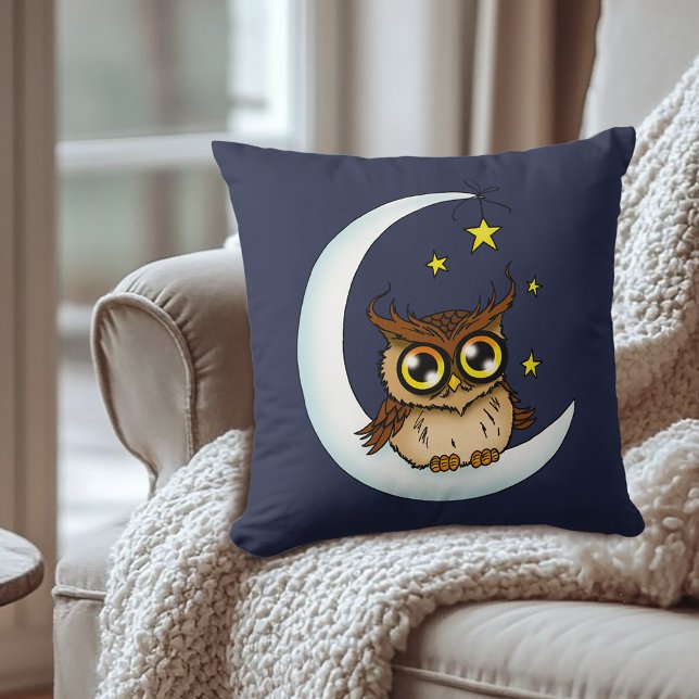 Owl Moon Blue Cute Stars Throw Pillow (Creator Uploaded)
