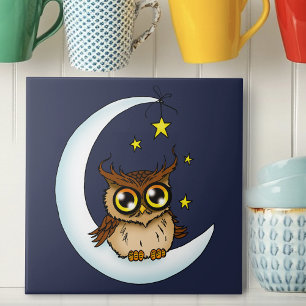 Owl Moon Blue Cute Stars Tile