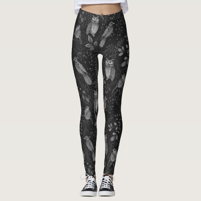 Owl Nature Bird Art in Black Grey White Leggings (Front)