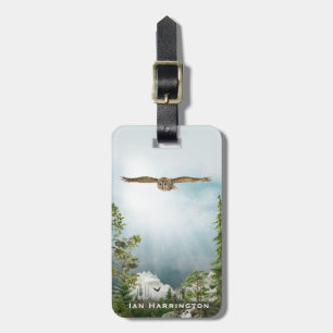 Owl Nature Lover Mountain Landscape Monogram Name Luggage Tag