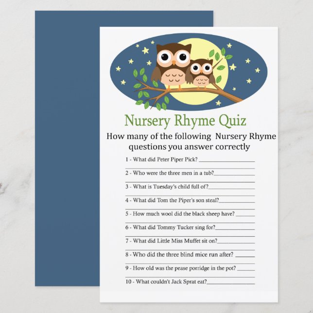 Owl Nursery Rhyme Quiz baby shower game (Front/Back)