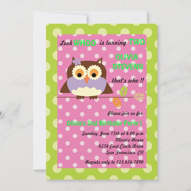 Owl on a branch - Birthday invitations 6 (Front)