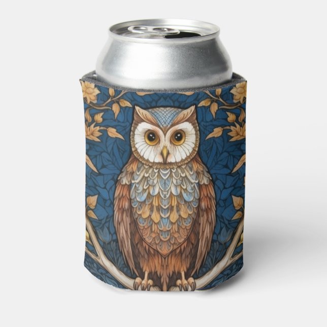 Owl on a branch blue autumn background art nouveau can cooler (Can Back)