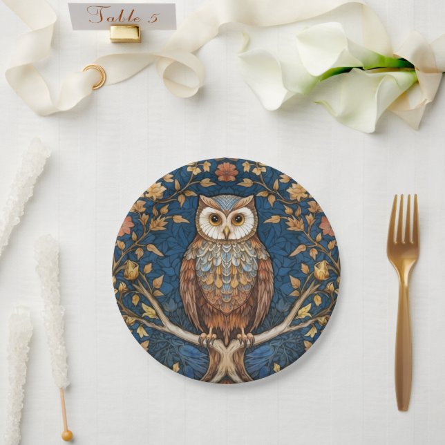 Owl on a branch blue autumn background art nouveau paper plate (Wedding)