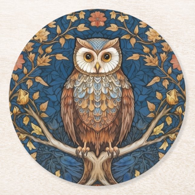 Owl on a branch blue autumn background art nouveau round paper coaster (Front)