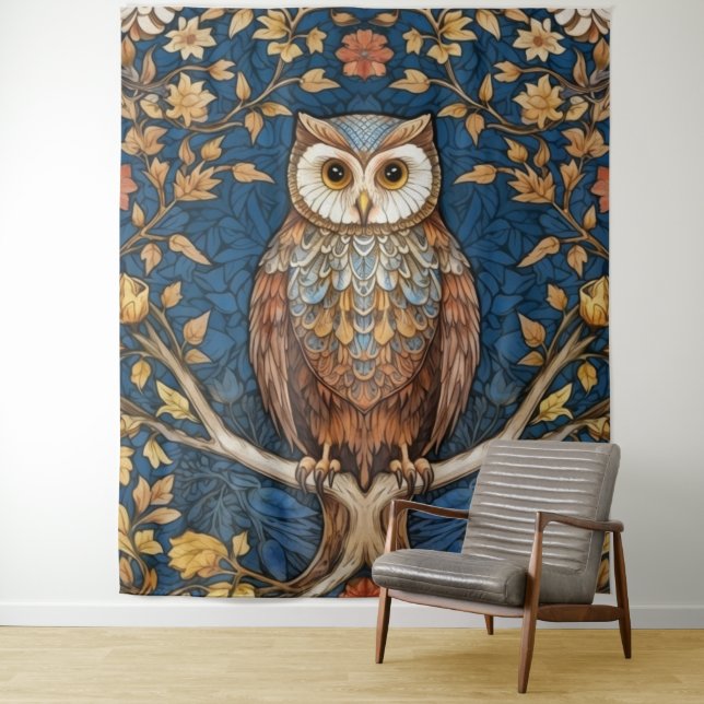 Owl on a branch blue autumn background art nouveau tapestry (In Situ)