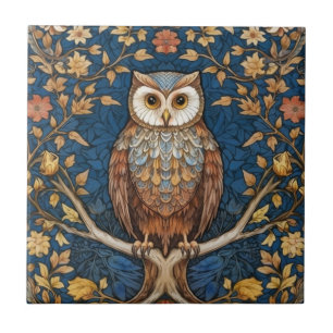 Owl on a branch blue autumn background art nouveau tile