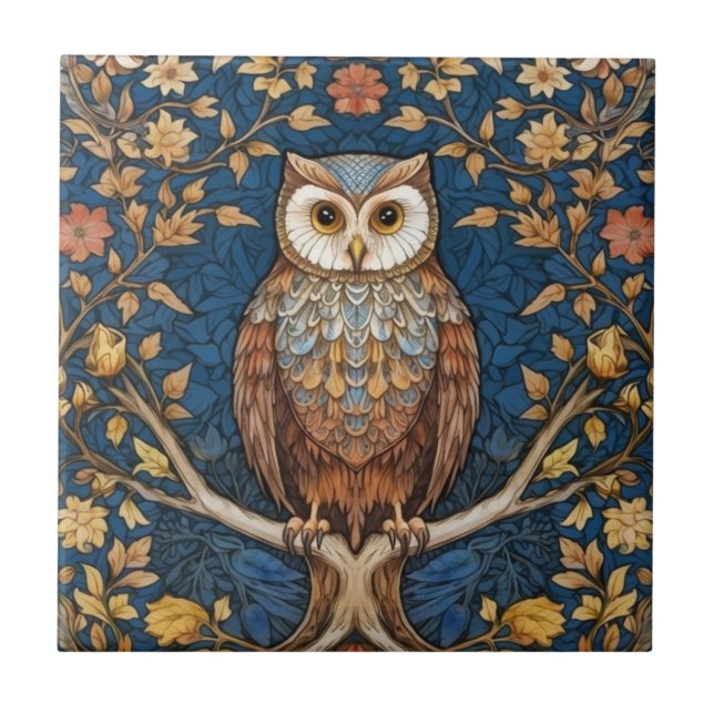 Owl on a branch blue autumn background art nouveau tile (Front)