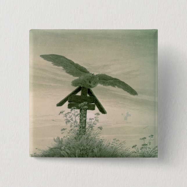 Owl on a Grave, 1836-7 2 Inch Square Button (Front)