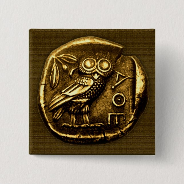 Owl on ancient greek coin 2 inch square button (Front)