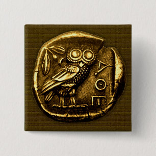Owl on ancient greek coin 2 inch square button
