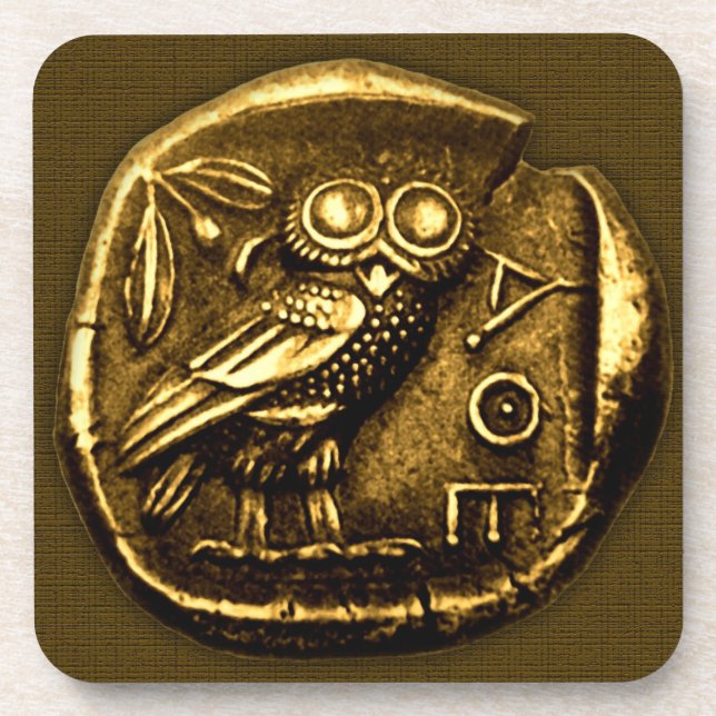 Owl on ancient greek coin coaster (Front)