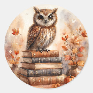 Owl on Bookstack With Fall Leaves Classic Round Sticker