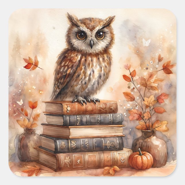 Owl on Bookstack With Fall Leaves Square Sticker (Front)