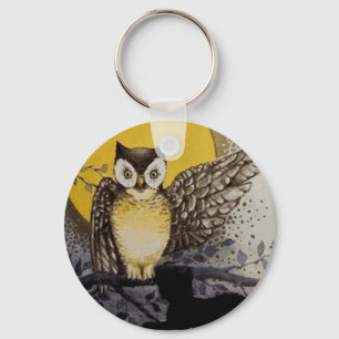 Owl on Branch In front of Moon watching black cat Keychain