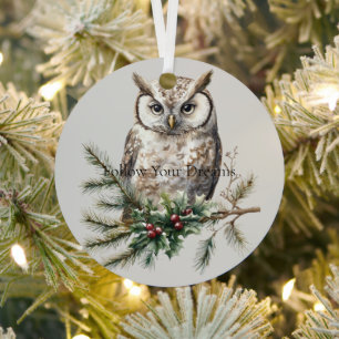 Owl on Branch Metal Ornament