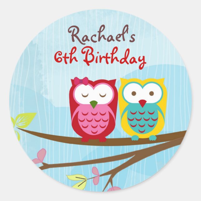 Owl on branch round sticker for gift or favour bag (Front)