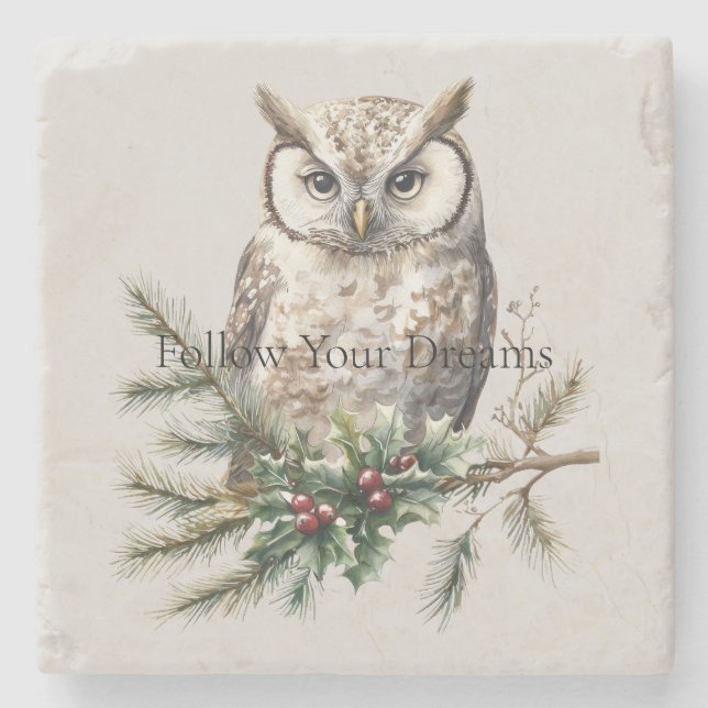 Owl on Branch  Stone Coaster (Front)