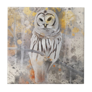 Owl on Branch Watercolor Abstract Tile