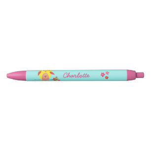 Owl on branch with Pink Flowers Personalized Name Black Ink Pen