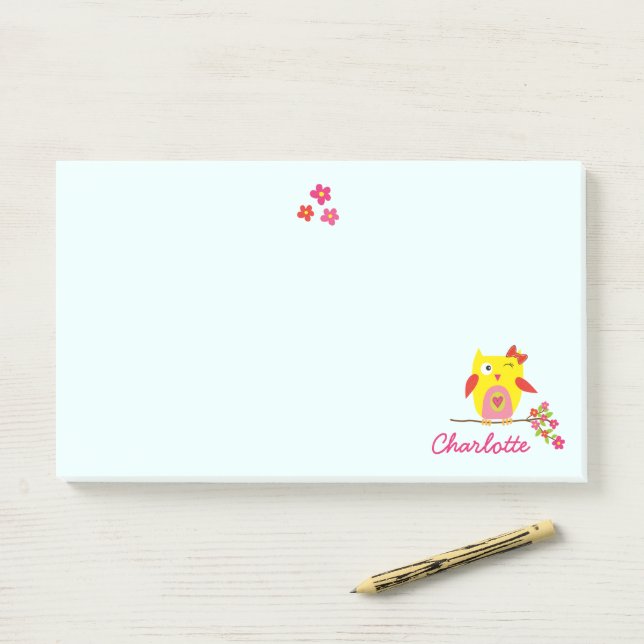 Owl on branch with Pink Flowers Personalized Name Post-it Notes (On Desk)